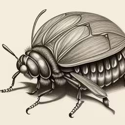 the drawing shows a bug crawling along a white background,a black and white illustration of a large bug