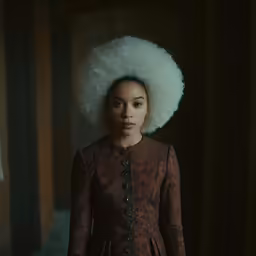 a woman with an afro standing in a room