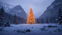 a big christmas tree stands alone in the middle of a snowy field