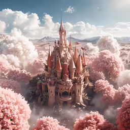 there is a large pink castle and clouds in the sky