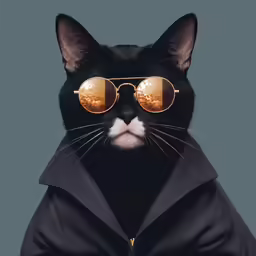 a black cat in sunglasses and a coat