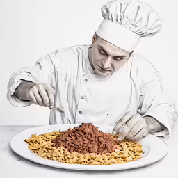 a man that is standing over a plate with food