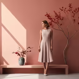 a woman stands near a wall with a tree and vase