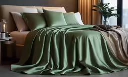 some blankets are lined up on the bed