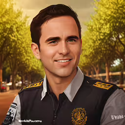 a man in a police uniform with a car in the background,a drawing of a smiling policeman wearing a uniform