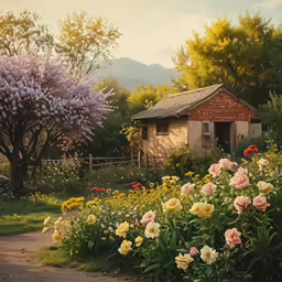 a garden with different flowers in front of a hut