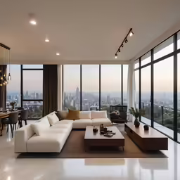 a living room filled with furniture and large windows