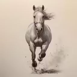 a white horse running in the sand with dust
