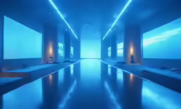 the blue light is streaming from the ceiling above a long counter