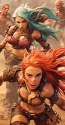 some sexy female action figures in a field