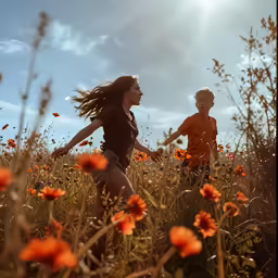 two young children playing with each other in a field of flowers