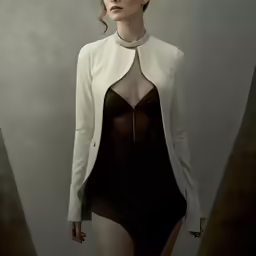 an elegant woman with a black dress and a jacket