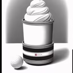 an ice cream cup sitting next to a white golf ball