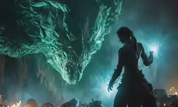 the hobbot is attacking the green dragon, with glowing fire