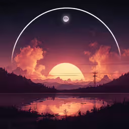 the sun setting over the mountains with a water pool below,a sun with the moon behind it, over water