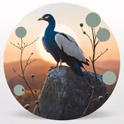 a very pretty bird sitting on a stone near trees