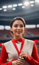 a woman in a red and white outfit standing with her award