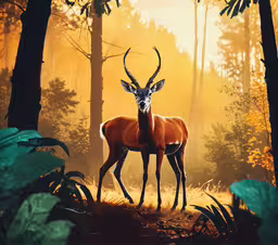two deer stand in a forested area surrounded by tall trees,two deer are in a forrest near the trees