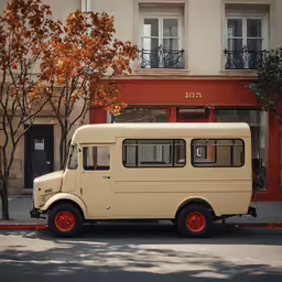 an old cream colored van is parked next to trees and a building