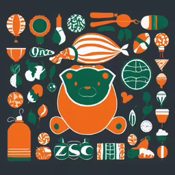 a green, orange and white poster that says zoo,an orange bear and a green bear on black paper