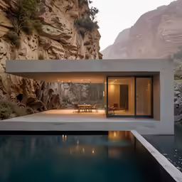 a modern house by a pool with a patio and dining area