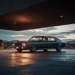 a small classic car is parked under a bridge at night