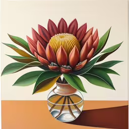 a painting of a vase with red flowers and leaves,a painting of a flower sitting in a vase