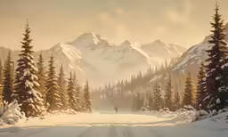a painting of snow covered trees in the mountains