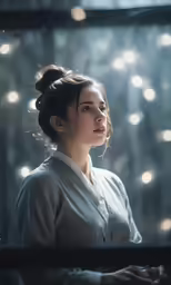 a young woman looking away from the camera with christmas lights in the background