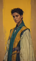 a woman standing in front of a yellow wall