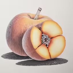 a drawing of an apple cut in half with the inside of it