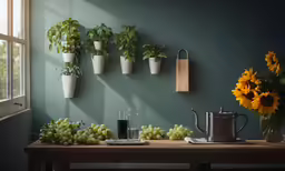 a wooden table topped with plants and flowers