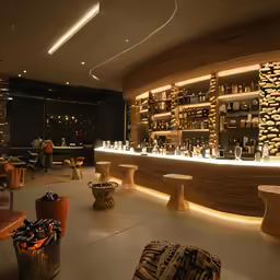 a dimly lit bar is shown with many bottles