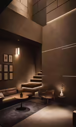 an artistic living room with staircase and decor