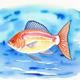 a fish with an orange, pink and yellow color scheme swims,the watercolor drawing shows an orange fish swimming,an orange fish with a striped back and pink belly,a small fish swimming in the ocean on water,an orange, pink, and yellow fish in water