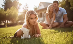 two beautiful young woman sitting in the grass with their man