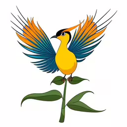 a colorful bird with its wings extended on a plant