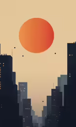 a sunset is shown behind a line of buildings