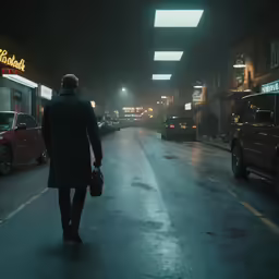 a man in a business suit and tie is walking on a city street at night
