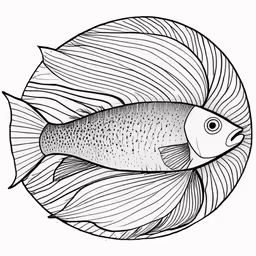 a fish swimming inside a circular tank with leaves on it