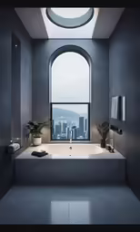 a modern bathroom features a round window and a long bath tub