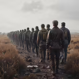 a group of men walking down a dirt path