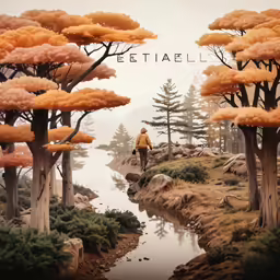 an artistic view of a man in yellow shirt standing on a rocky cliff next to a stream