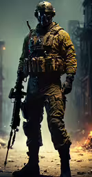 a soldier with his machine gun is standing in the street,a man with a rifle is standing in the middle of an alley
