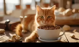 a yellow cat sitting on top of a table eating