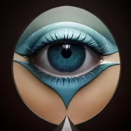 an eye with long blue lashes looks through a mirror