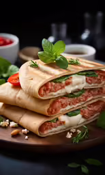 two wraps are sitting on a table with some herbs