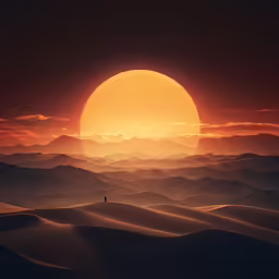 the sun over hills is rising and there are light trails in the foreground