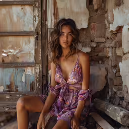 woman sitting on brick steps wearing floral dress,a beautiful young woman sitting on top of a cement floor