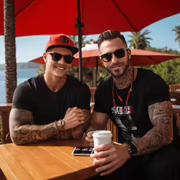two men are sitting on a wooden table next to an ocean